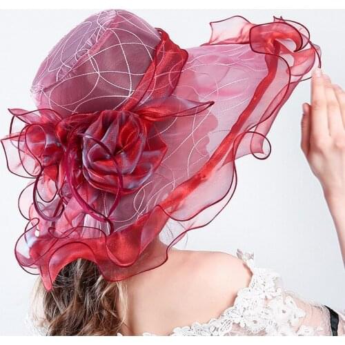 Women Organza Sun Hats Summer Beach Wide Birm Bucket Hat Wedding Party Cap for Ladies Kentucky Derby Hats Female Chapeau B-8626