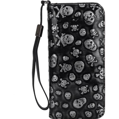 Vintage Girls Boys Skull Head Long Wallet With Coins Pocket for Women Men Clutch Purses Genuine Leather Card Holder Wallets
