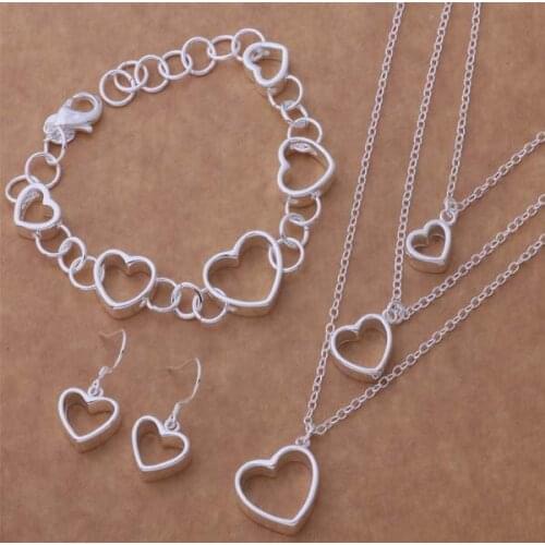 AS134 Silver Color Jewelry Sets Bracelet 099 + Necklace 500 + Earring 153 Heart jewelry set Factory wholesale quality gifts