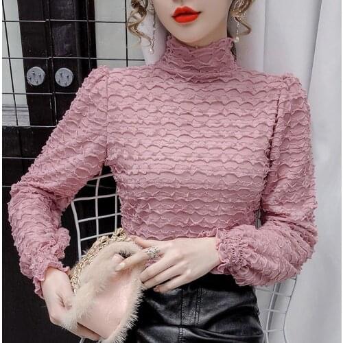 Women Blouse High Collar Long Sleeve Womens Autumn Winter Wave Pattern Top Blusas Ropa De Mujer