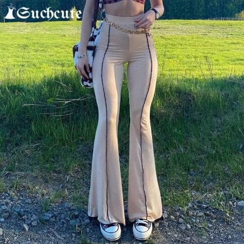 SUCHCUTE Patchwork y2k Flare Pants For Women 2021 High Waist Korean Fashion Joggers Summer Streetwear Sweatpants Harajuku