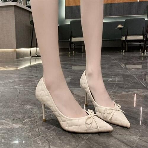 2021 Women Classic Pumps Extreme bow High Heels 7cm Sexy Stilettos Ladies Pointed Toe Shoes leather High heels Party Prom Shoes