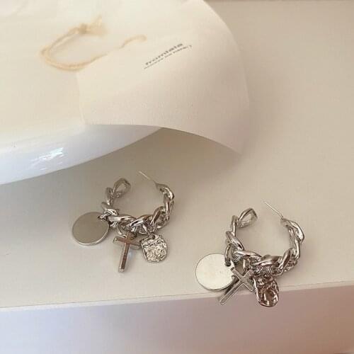 Punk Korean Twisted Chain Hoop Earrings For Women Silver Color Cross Circle Pendant Earrings Couple Jewelry Gifts