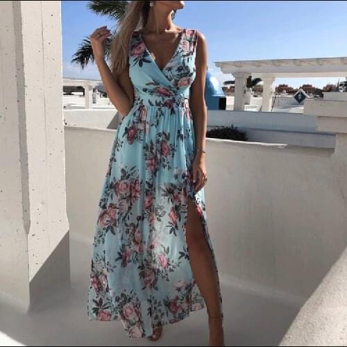 Womens Summer Sleeveless Dresses Sexy Deep V Neck Vest Style Fashion Printed Split Swing Dress 2021 Ladies Beach Vacation Skirt