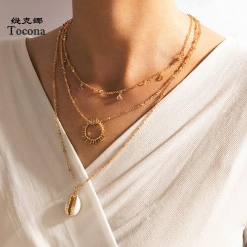 Tocona Summer Shell Pendant Necklace for Women New Hollow Out Geometry Alloy Metal Multi-layer Bohemian Jewelry Collar 17492