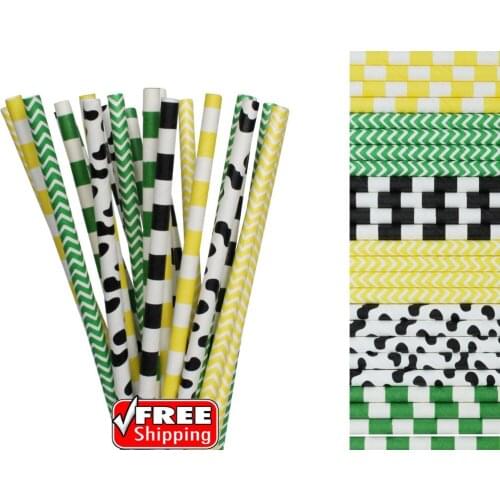 150pcs Mixed 6 Designs Green,Black and Yellow Themed Paper Straws-Striped,Chevron,Cow Print Farm Tractor Cowboy Country Fair