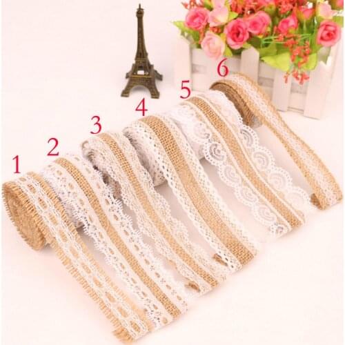 2 Meter 25mm Natural Jute Burlap Hessian Lace Ribbon with White Lace Trim Edge Rustic Xmas Vintage Wedding Centerpieces Decor