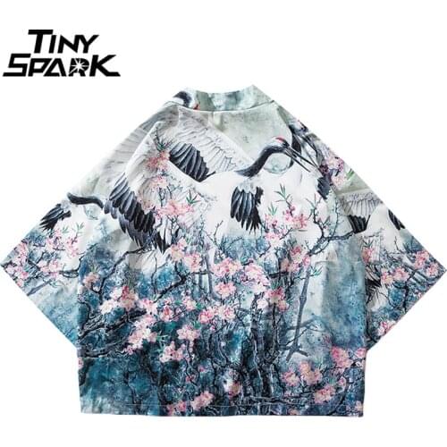 2021 Harajuku Kimono Jacket Japanese Hip Hop Men Streetwear Jacket Crane Floral Print Chinese Paint Summer Thin Gown Japan Style