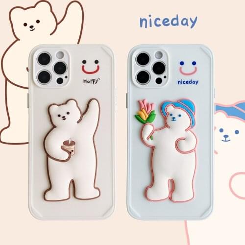3D Cartoon Couple Bear Case for iPhone 12 promax se 2020 11 promax 7 8 7P 8plus x XS XR xsmax lovers Soft Camera Protective Case