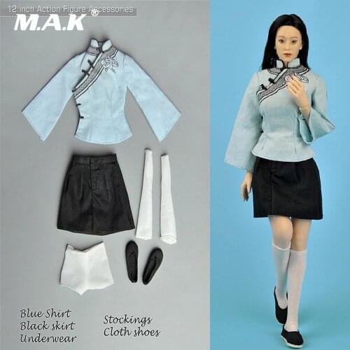 1/6 Scale Accessories The Republic of China Female Students Chinese Classic Gril Clothes Set Blue Shirt & Black Dress Figure