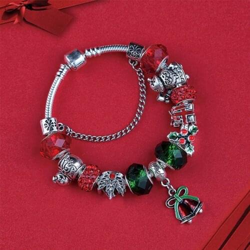 Red Green Crystal Bead Christmas Bracelet Bangle Jewelry Gift Antique Tibetan Silver Xmas Bell Tree Snowman Leaf Bead Bracelets
