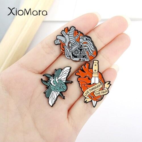 Dagger Heart Enamel Pins Yellow Anatomical Heart Gothic Punk Badges Insect Jewelry Brooches for Women Gift for her