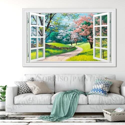 Pink Cherry Blossoms Boulevard Pretend Window 3D Wall Design Art Canvas Painting Pictures Prints Home Living Room Decor Posters