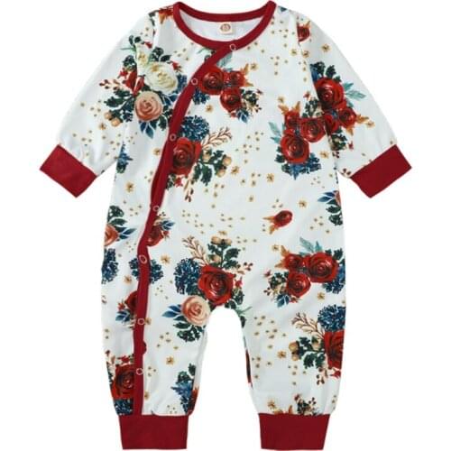 Newborn Baby Girls Romper Autumn Infant Long Sleeve Rose Flower Ball Print Jumpsuit Outfit Baby Toddler Christmas Cotton Clothes