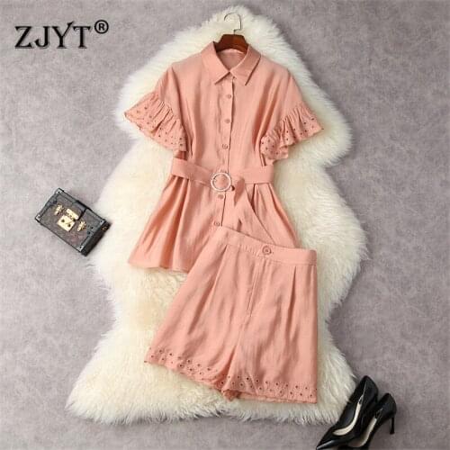 Elegant Lady Summer Suit Office Work Two Piece Outfit Designer Hollow Out Ruffles Sleeves Shirt Top and Shorts Woman Set