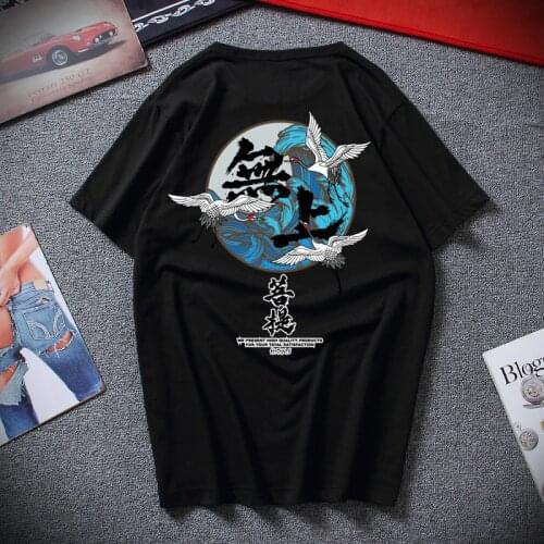 New Summer Cotton T-Shirt Men T-Shirt Chinese Wind Crane Print Fashion High Quality Short Sleeve T-Shirt European Size