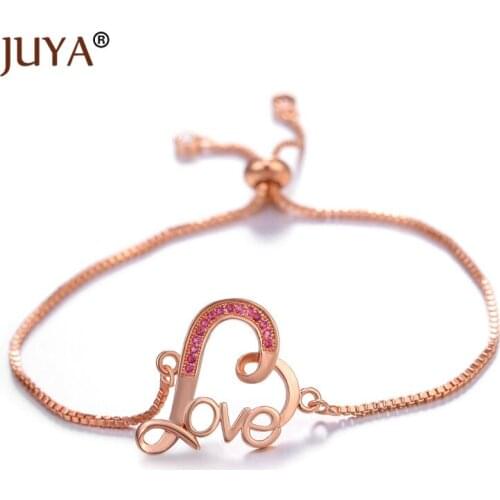 Juya Romantic Pink CZ Zircon Heart Bracelets Gold Love Charms Bracelets for Women Lover Bracelet Bangles Jewelry Gift
