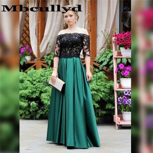 Mbcullyd Dark Green Prom Dresses Long 2020 Sheer Half Sleeves Evening Party Dress For Women Black Lace Applique robe de soiree