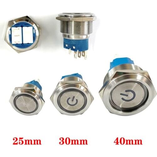 25mm/30mm/40mm stainless steel metal button switch round flat led ring instantaneous power mark car switch 12V 24V yellow blue