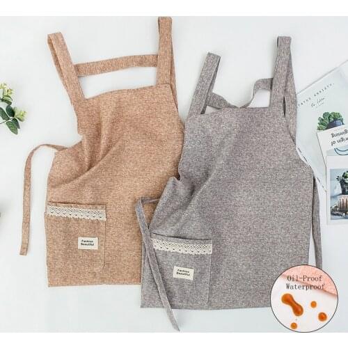 Solid Pocket Cotton Kitchen Apron For Women Home Cooking Baking Waterproof Oil-Proof Coffee Pinafore House Cleaning Bib 46436