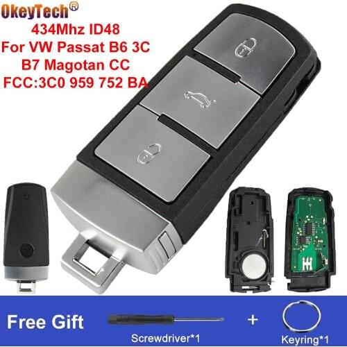 OkeyTech 433MHZ Remote Control Car Key Fob For VW Passat B6 3C B7 Magotan CC ID48 Chip FCC:3C0959752BA 3 Buttons Keyless
