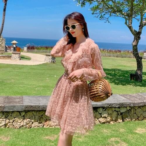Autumn Elegant Dresses Women Ruffles Wrap Vintage Long Sleeve Stars Empire Dress V-Neck High Quality Pink Hollow Out Dresses
