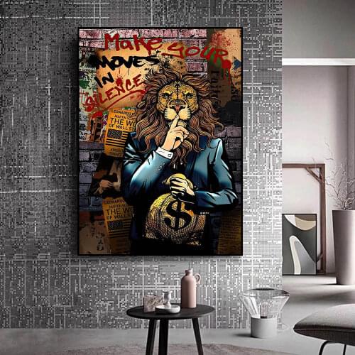 Lion Hand Holding Money Bag Graffiti Poster Canvas Painting Print Cuadros Wall Art Deco Mural For Modern Home Room Decor No Fram