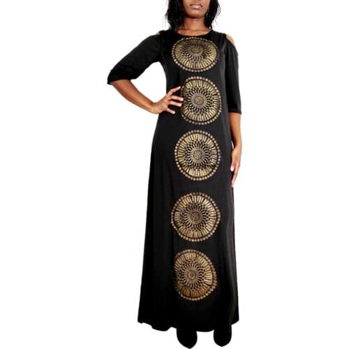 Vintage Solid Black Half Sleeve African Dresses for Women Spring Traditional Print A-Line High Waist Maxi Dress