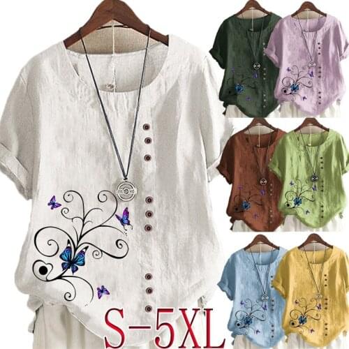 Womens New Fashion Summer Flower Butterfly Printed Round Neck Short Sleeve T-shirt Casual Loose Blouse Tops Plus Size