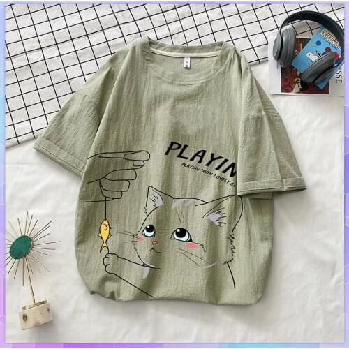 5XL Plus Size Cotton And Linen T-shirt Women Tee Shirt Short-sleeved Tshirt Funny Anime Loose Korean Tops Summer Basic T-shirts