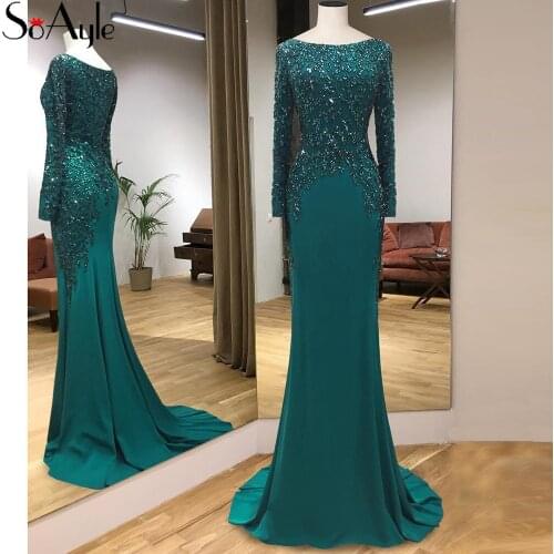 SoAyle Round Neck Long Sleeves Arabia Muslim Evening Dresses Crystals Rhinestones Vestidos De Festa Gorgeous Formal Gowns