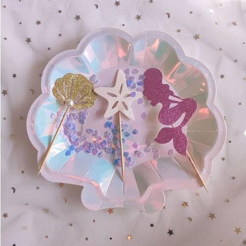 12Pc Iridescent Sparkle Shell Party Supplie Decor Cake Dish Disposable Paper Plates Unicorn Mermaid Bride Princess Favors7"9"