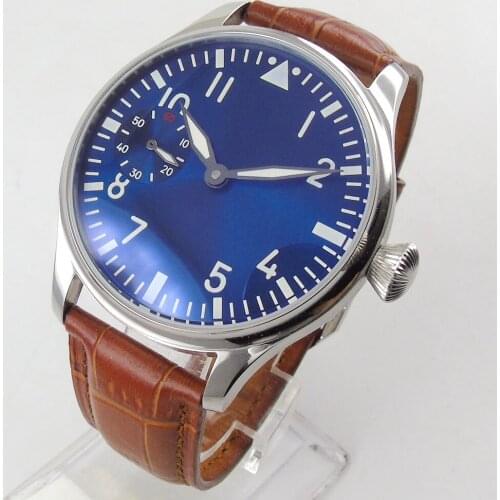 44mm Blue Sterile Dial Luminous Hands 17 Jewels 6497 Movement Manual Mechanical Mens Watch