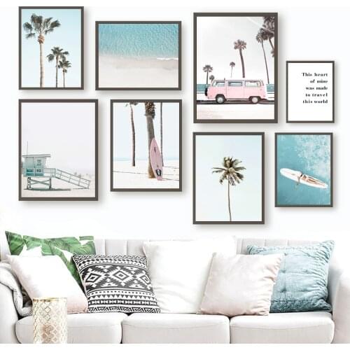 Bus Palm Tree Beach Surfboard Landscape Wall Art Canvas Painting Nordic Posters And Prints Wall Pictures For Living Room Decor