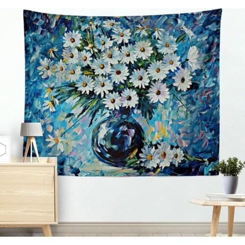 White Dasiy Flower Blue Tapestry for Livingroom Photography Wall Decor