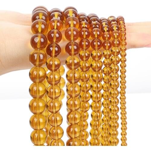 Natural Stone Beads Smooth Yellow Brown Glass Round Loose Beads For DIY Jewelry Making Bracelets Charm Accessories 4/6/8/10/12MM