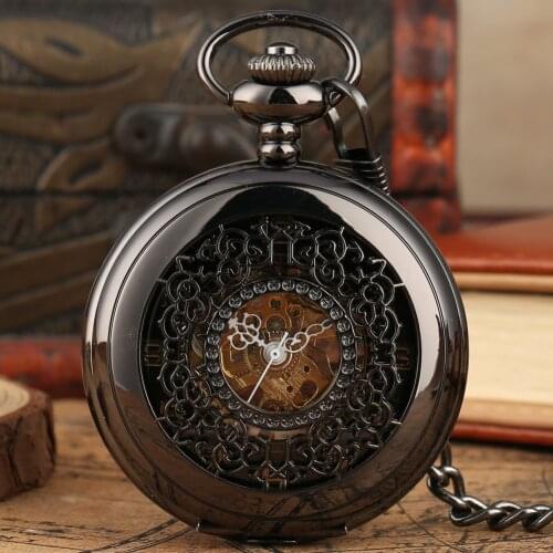 Retro Mechanical Grilles Pocket Watch Black Carving Watch Fob Chain Vintage Hollow Half Hunter Pendant Clock Hours Gift Relgio