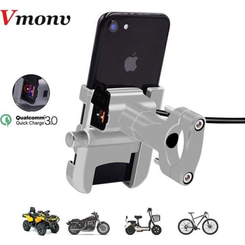 Vmonv Rorating Motorcycle Handlebar Phone Holder USB Quick Charger 3.0 Bicycle Rearview Stand for 4-6.5 inch Mobile Phone Mount