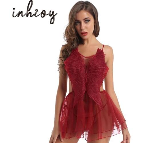 Erotic Dress Nightgown for Sexy Adult Women See-Through Butterfly Tulle Nightwear Backless with Lace-up T-Back G-String Briefs