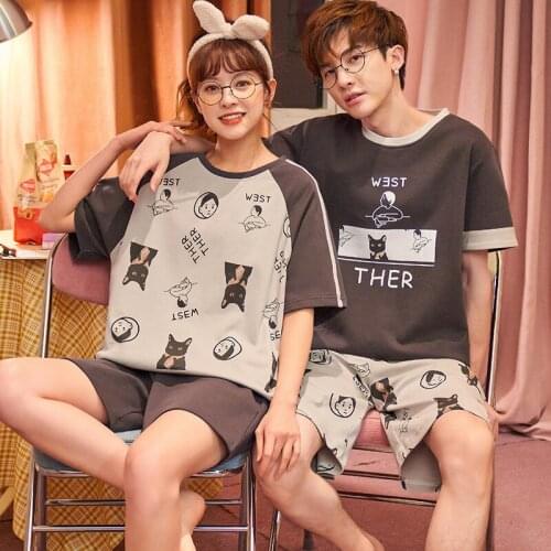 Funny Cartoon Pajamas Set For Couple Fashion Gray Short-Sleeve Sleepwear Casual Plus Size Men Homewear Korean Cute Women Pajamas