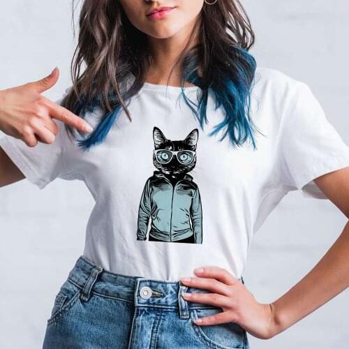 Modern Black Cat Print Short Sleeve Women Comfortable White Vetement Top Y2K Fas Breathable Animated Tumblr Mujer Tshirt