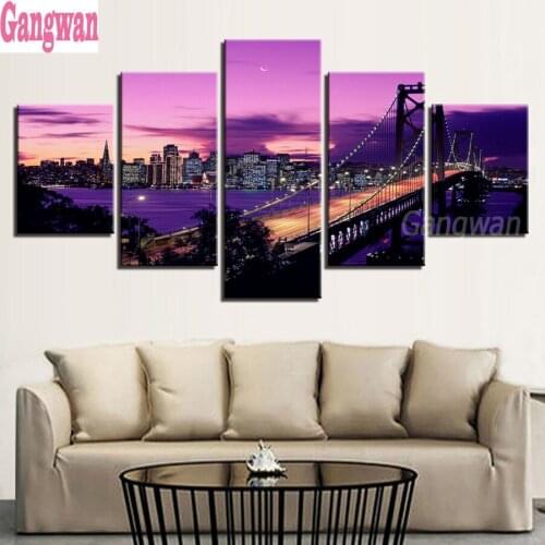 Emeroidery diamond rhinestone painting cross stitch diamond mosaic 5 Pcs Purple Sunset San Francisco Bridge full display picture