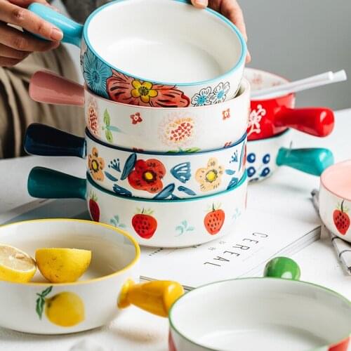 Ceramic Creative Hand-painted Glazed Baking Bowl with Handle Roasting Lasagna Pan Round Bakeware salad rice domestic soup noodle