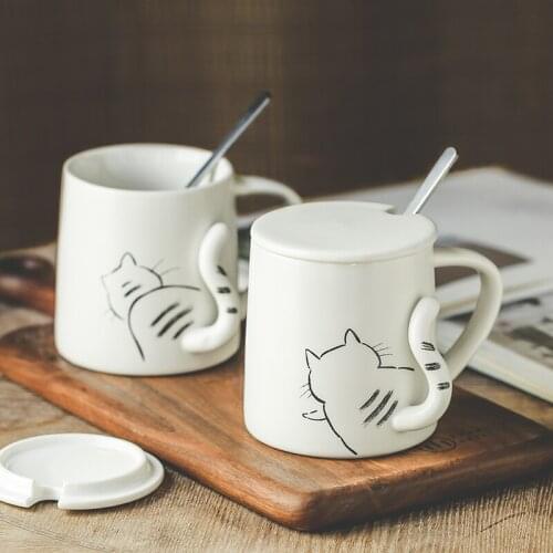 Japanese-Style Mug with Lid Spoon Household Milk Cup Ceramic Couples Cups Creative Personalized Cup Coffee Mugs Cat Mug