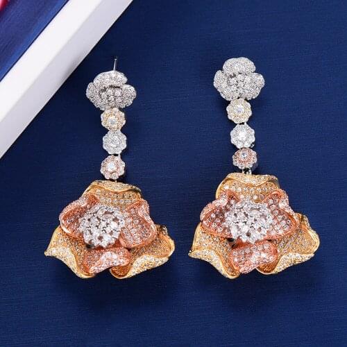 LARRAURI Charm Full Micro AAA Cubic Zircon Crystal CZ Dubai Bridal Drop Earrings Flower Long Dangle Earrings For Women Wedding