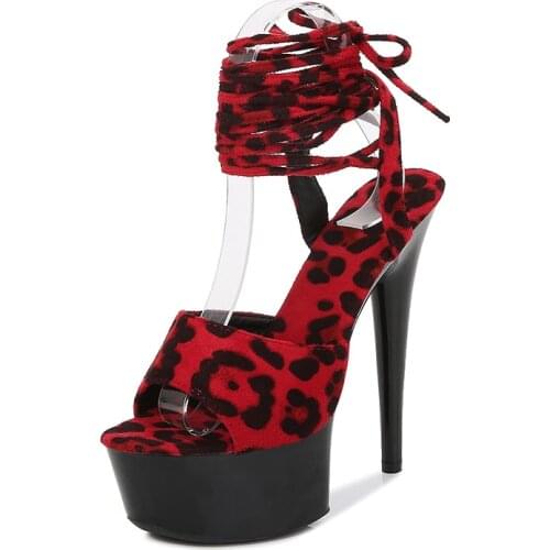 Mclubgirl Womens Sandals Shoes Thin Heeled Sexy Black Waterproof Platform 15cm High Heel Leopard Print Slippers LFD-190-23