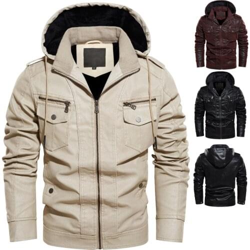 Mens PU Leather Jacket Hooded Solid Color Zipper Motorcycle Cardigan Coat Casual Warm Fleece Jacket with Removable Cap