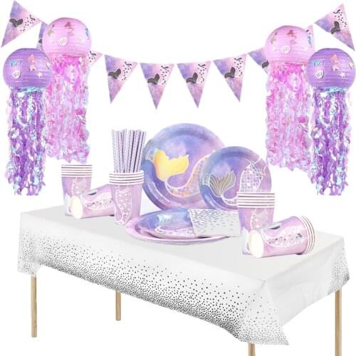 Mermaid Party Disposable Tableware Set Paper Cups Plate Napkin Straw Kids Girl 1st Birthday Party Decorations Baby Shower Favors
