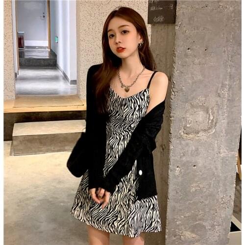 New High-waist Zebra Print Suspender Skirt, Two-piece Suspender Skirt + Shirt, with Basic Knitted Stacking Clothes
