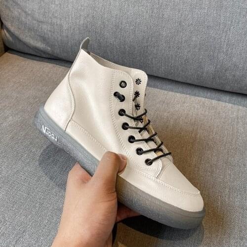 Platform shoes women natural leather flat casual shoes real leather lace up white sneakers ladies flats spring autumn ankle boot